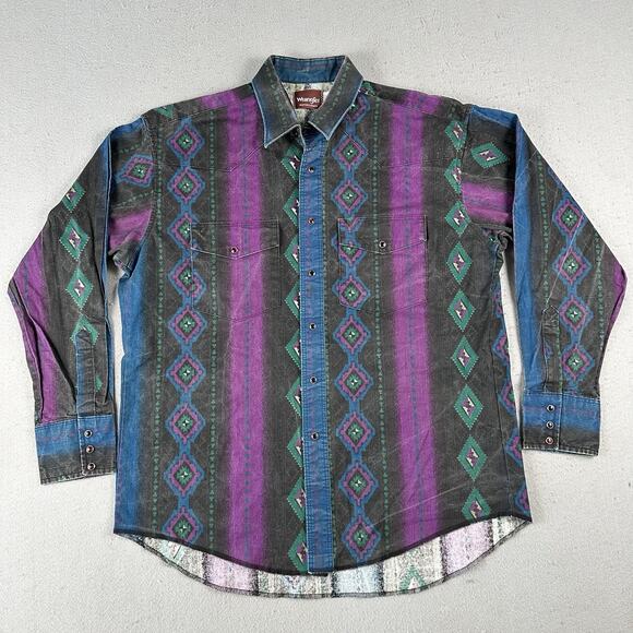 Vintage Wrangler Shirt Men’s Large Aztec Western Snap Brushpopper Rodeo Cowboy - Picture 1 of 16
